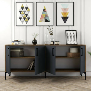 Credenza Agape, Buffet da soggiorno, Madia da salotto, Dispensa da cucina, 180x35h78 cm, Noce e Antracite