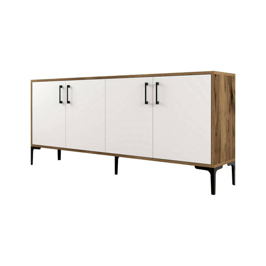 Credenza Agape, Buffet da soggiorno, Madia da salotto, Dispensa da cucina, 180x35h78 cm, Noce e Bianco