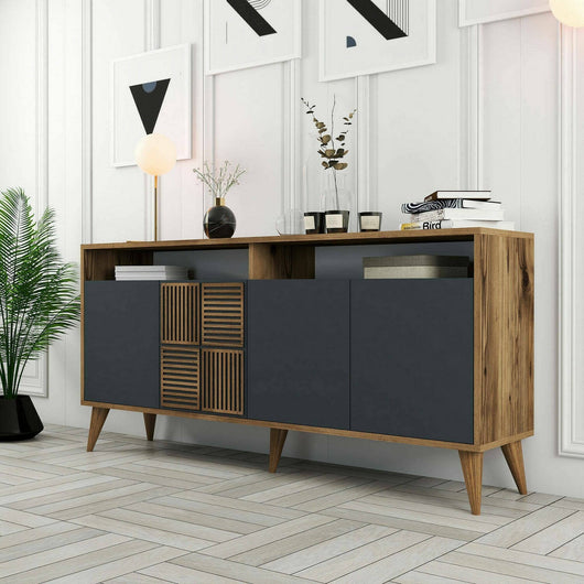Credenza Garigliano, Buffet da soggiorno, Madia da salotto, Dispensa da cucina, 160x35h79 cm, Noce e Antracite