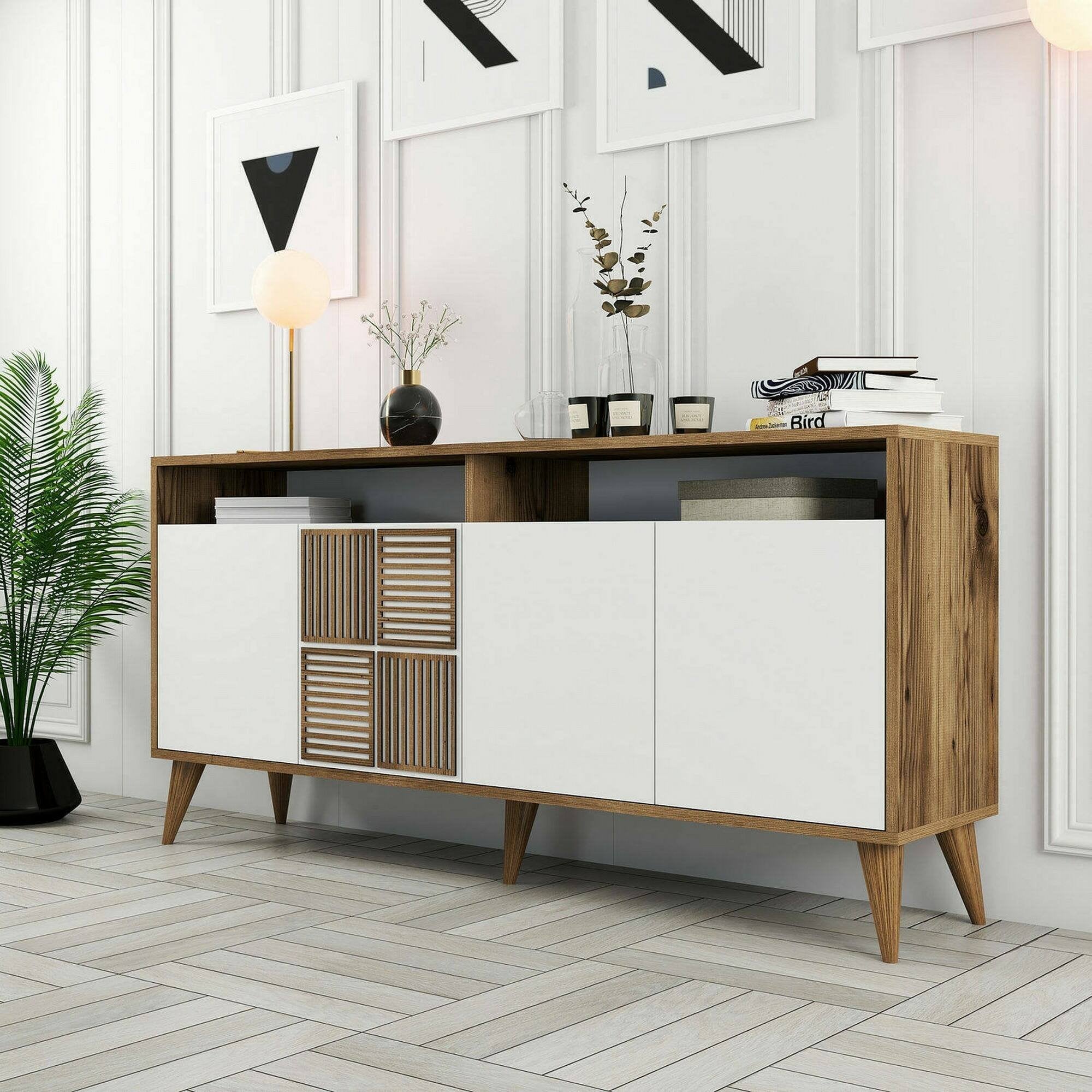 Credenza Garigliano, Buffet da soggiorno, Madia da salotto, Dispensa da cucina, 160x35 h79 cm, Noce e Bianco