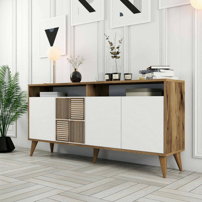 Credenza Garigliano, Buffet da soggiorno, Madia da salotto, Dispensa da cucina, 160x35 h79 cm, Noce e Bianco