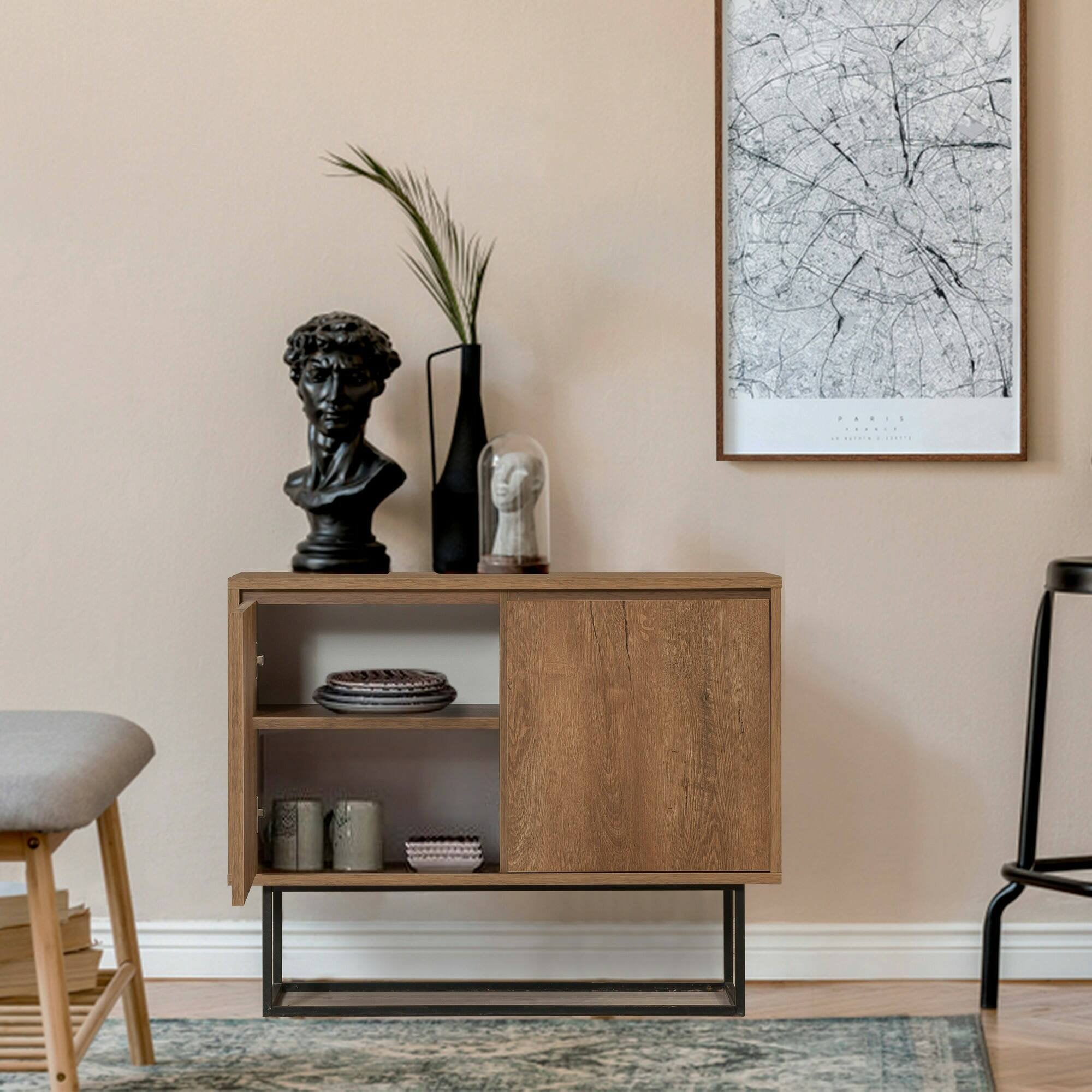 Consolle Indiano, Tavolo multiuso, Mobiletto d'appoggio, Scrivania da corridoio, 90x36h72 cm, Noce e Nero