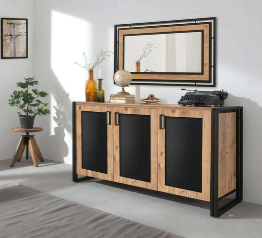Credenza Arjuna, Buffet da soggiorno, Madia da salotto, Dispensa da cucina, 140x45h80 cm, Quercia e Nero