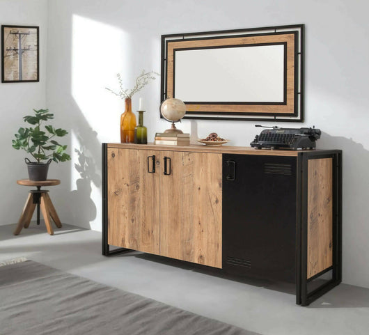 Credenza Yvonne, Buffet da soggiorno, Madia da salotto, Dispensa da cucina, 140x45h80 cm, Quercia e Nero