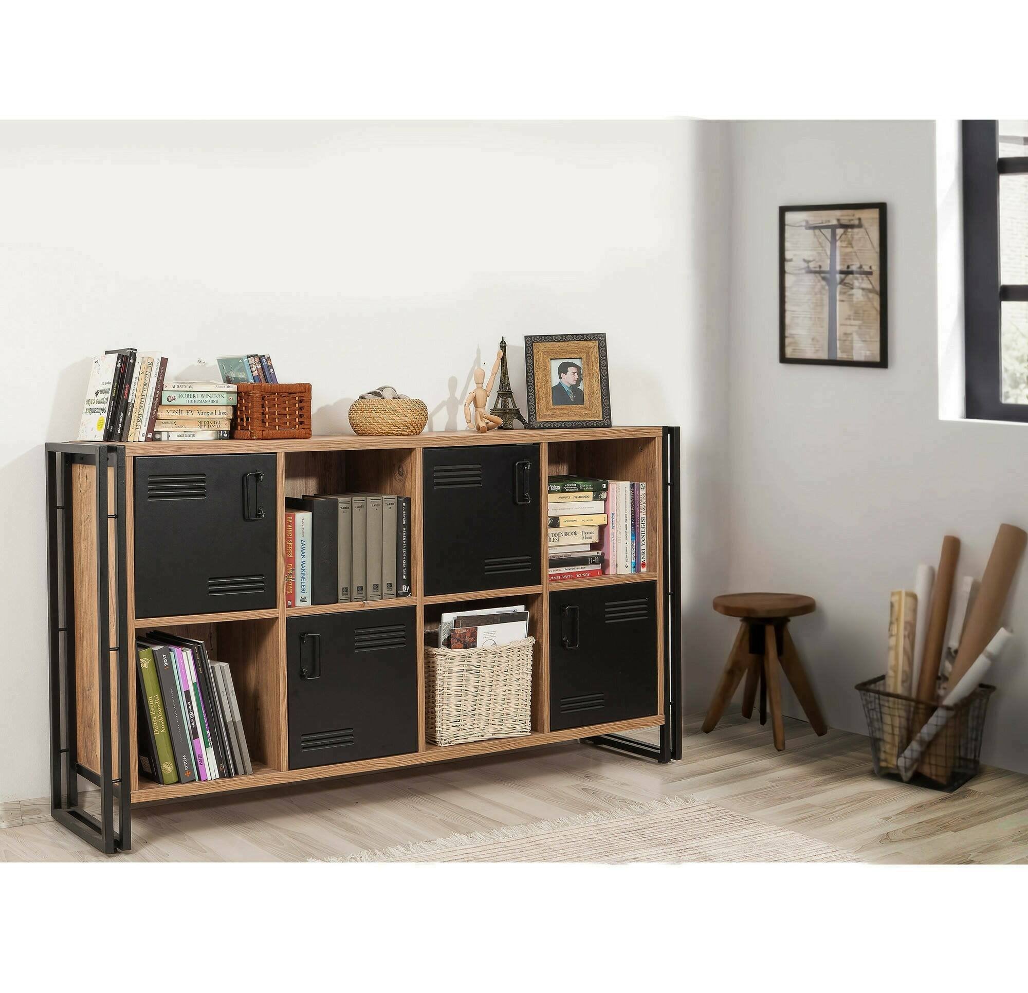 Credenza Dodong, Buffet da soggiorno, Madia da salotto, Dispensa da cucina, 164x35h89 cm, Quercia e Nero