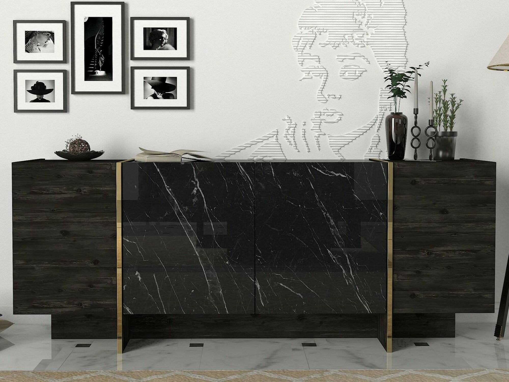 Credenza Asto, Buffet da soggiorno, Madia da salotto, Dispensa da cucina, 180x47h76 cm, Nero e Oro