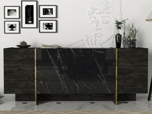 Credenza Asto, Buffet da soggiorno, Madia da salotto, Dispensa da cucina, 180x47h76 cm, Nero e Oro