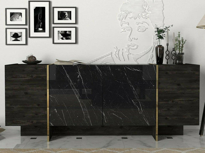 Credenza Asto, Buffet da soggiorno, Madia da salotto, Dispensa da cucina, 180x47h76 cm, Nero e Oro