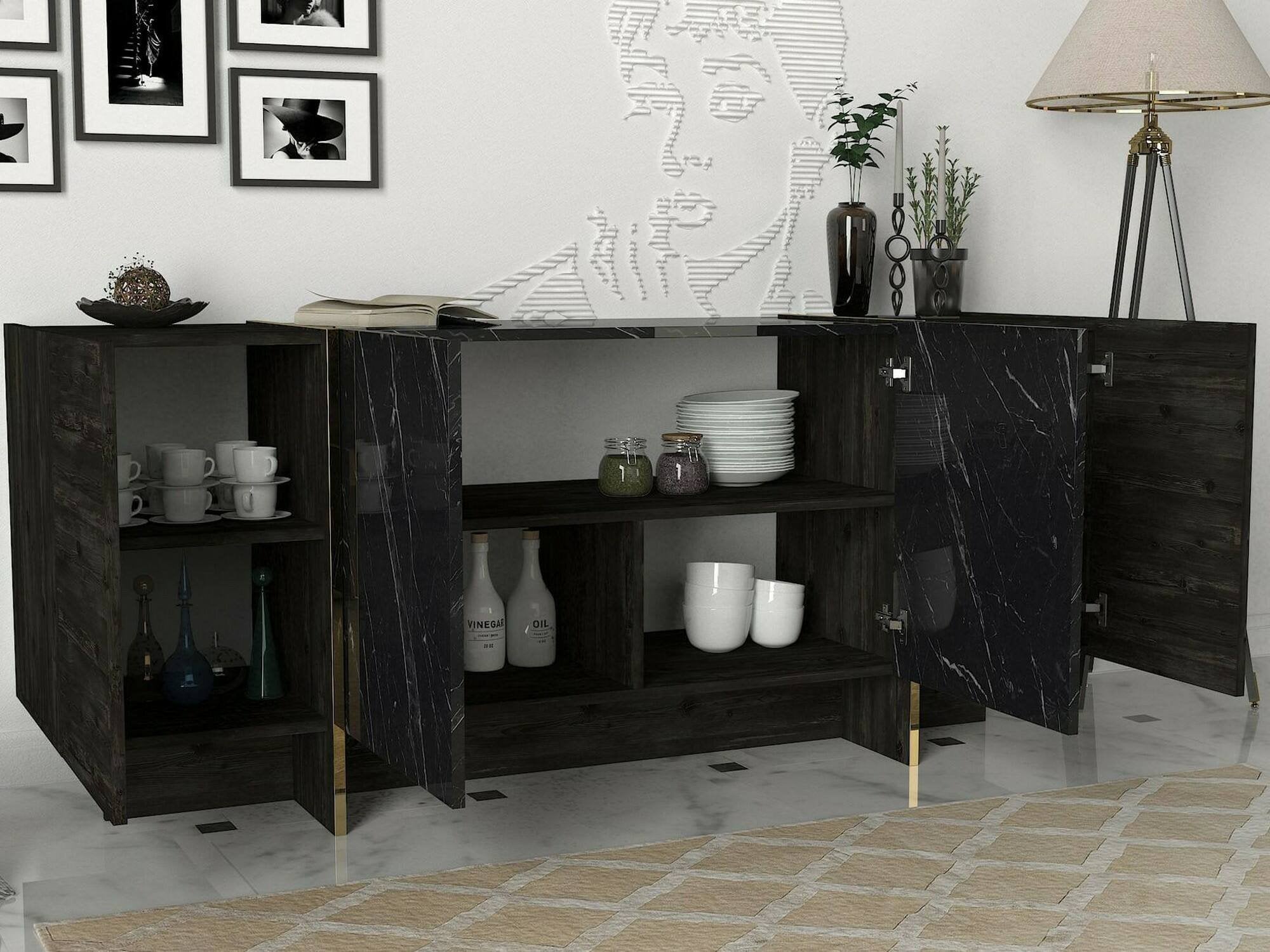 Credenza Asto, Buffet da soggiorno, Madia da salotto, Dispensa da cucina, 180x47h76 cm, Nero e Oro