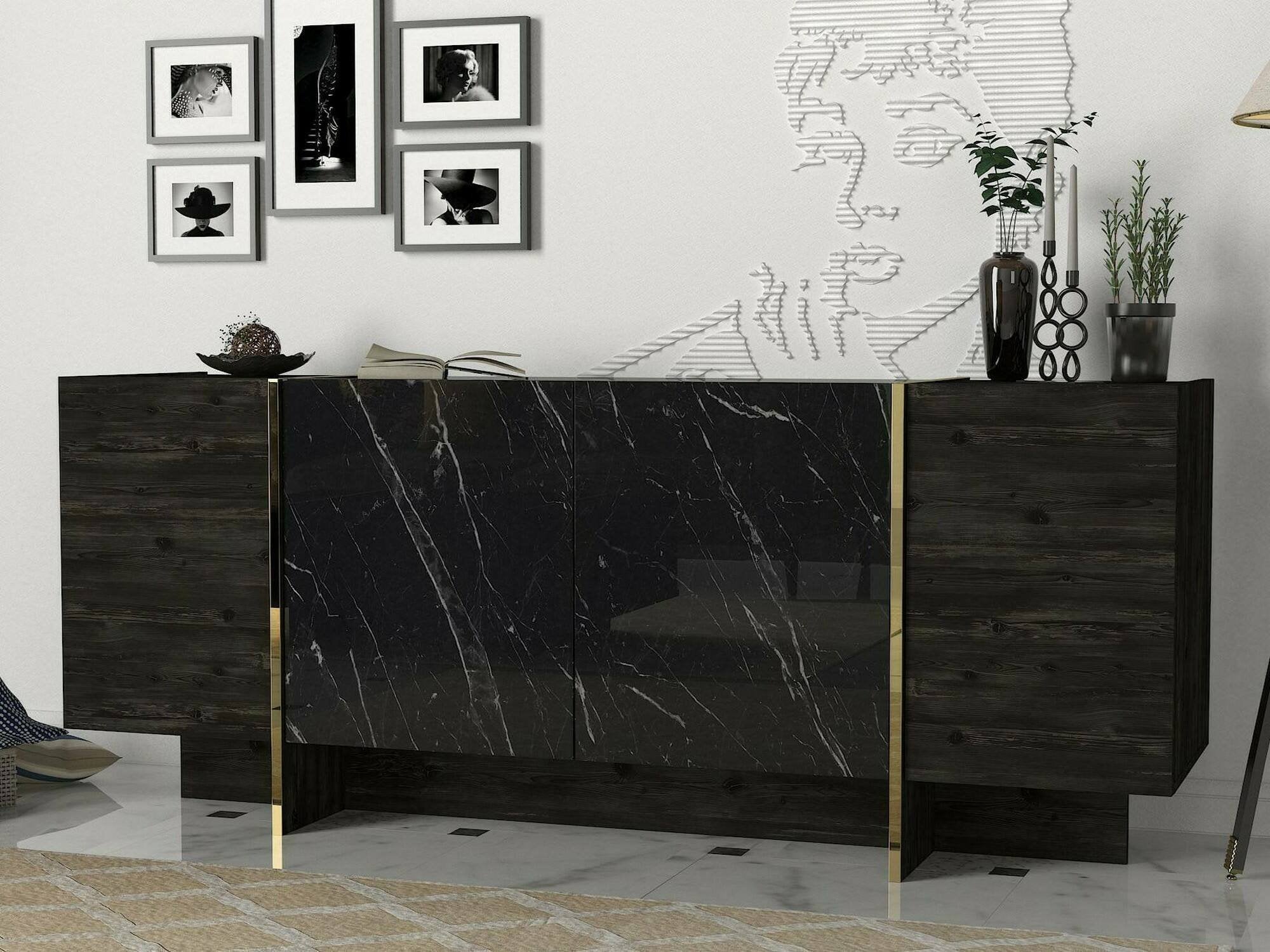 Credenza Asto, Buffet da soggiorno, Madia da salotto, Dispensa da cucina, 180x47h76 cm, Nero e Oro