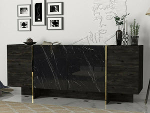 Credenza Asto, Buffet da soggiorno, Madia da salotto, Dispensa da cucina, 180x47h76 cm, Nero e Oro