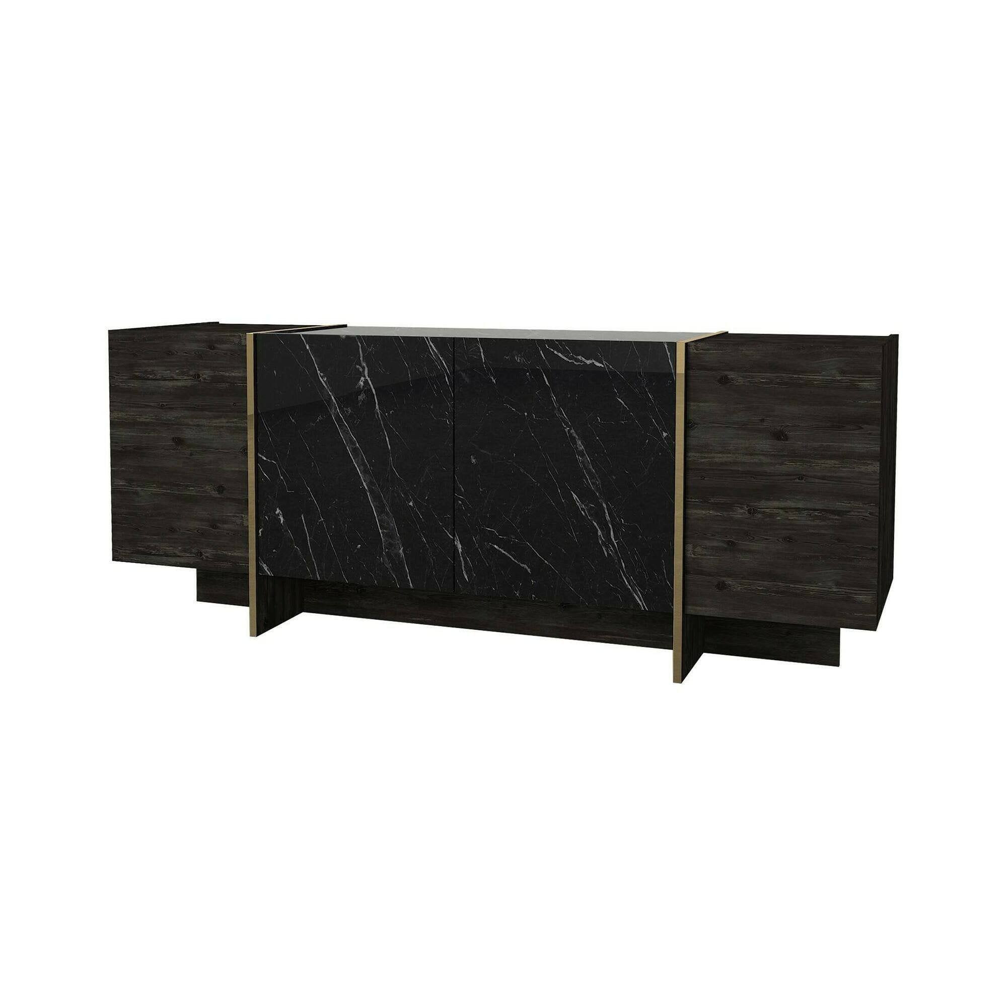 Credenza Asto, Buffet da soggiorno, Madia da salotto, Dispensa da cucina, 180x47h76 cm, Nero e Oro