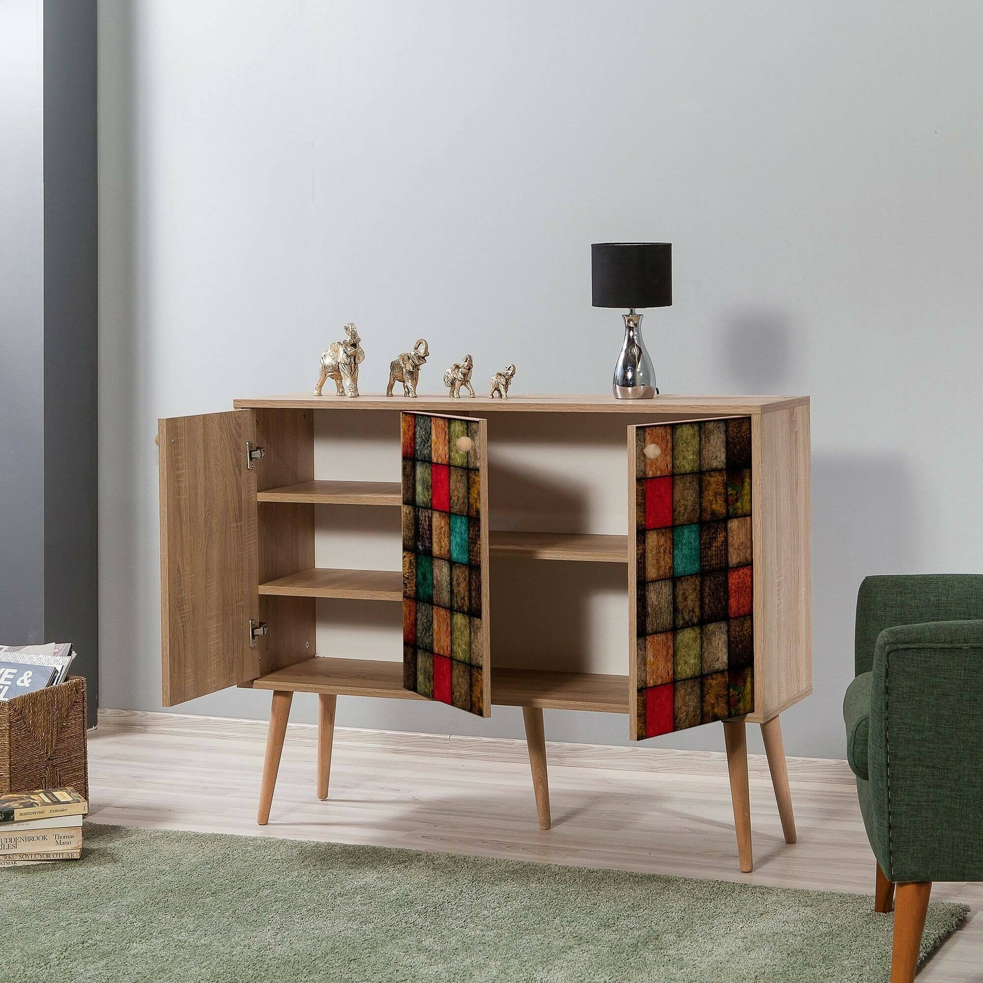 Credenza Arzumia, Buffet da soggiorno, Madia da salotto, Dispensa da cucina, 120x36h90 cm, Quercia e Multicolore