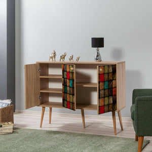 Credenza Arzumia, Buffet da soggiorno, Madia da salotto, Dispensa da cucina, 120x36h90 cm, Quercia e Multicolore