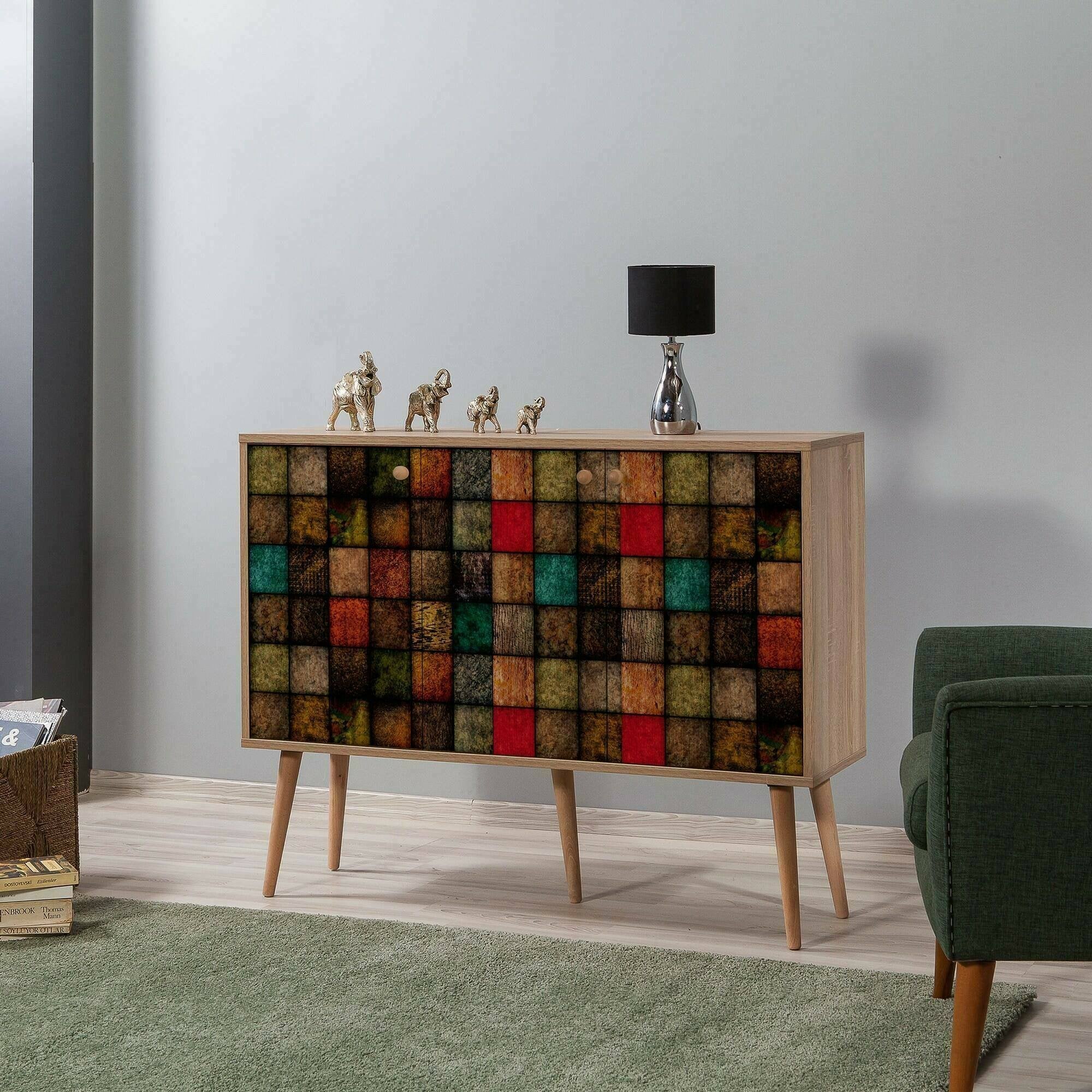 Credenza Arzumia, Buffet da soggiorno, Madia da salotto, Dispensa da cucina, 120x36h90 cm, Quercia e Multicolore