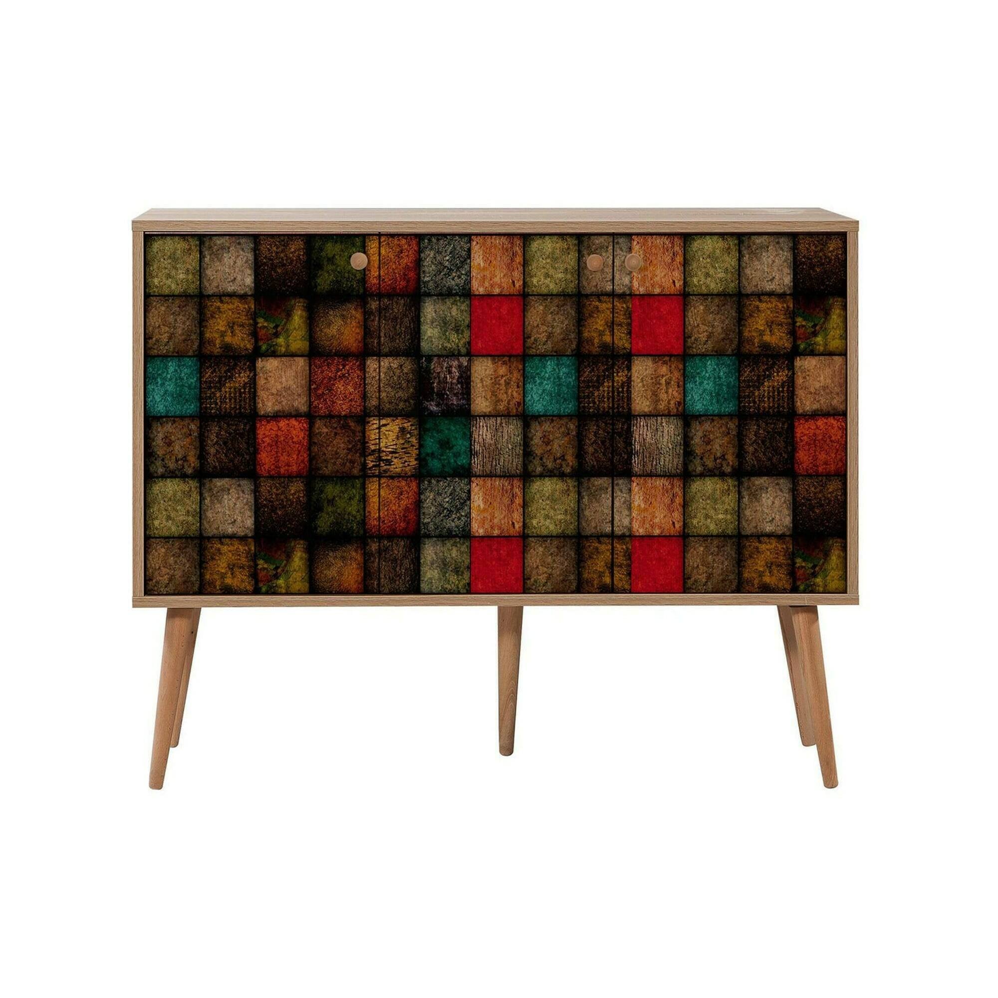 Credenza Arzumia, Buffet da soggiorno, Madia da salotto, Dispensa da cucina, 120x36h90 cm, Quercia e Multicolore