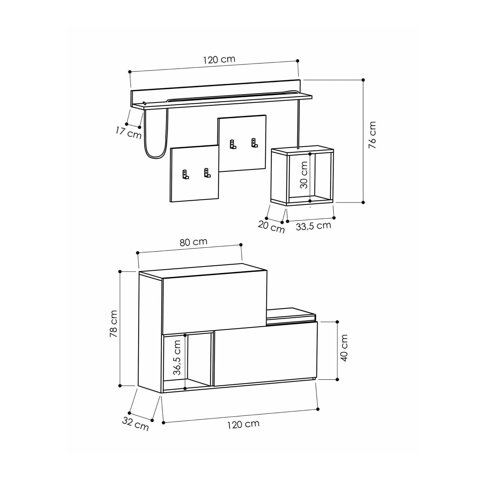 Mobile da ingresso Libeccio, Entratina appendiabiti, Composizione per atrio, Consolle portaoggetti multifunzione, 120x17h76 cm, Antracite e Rovere