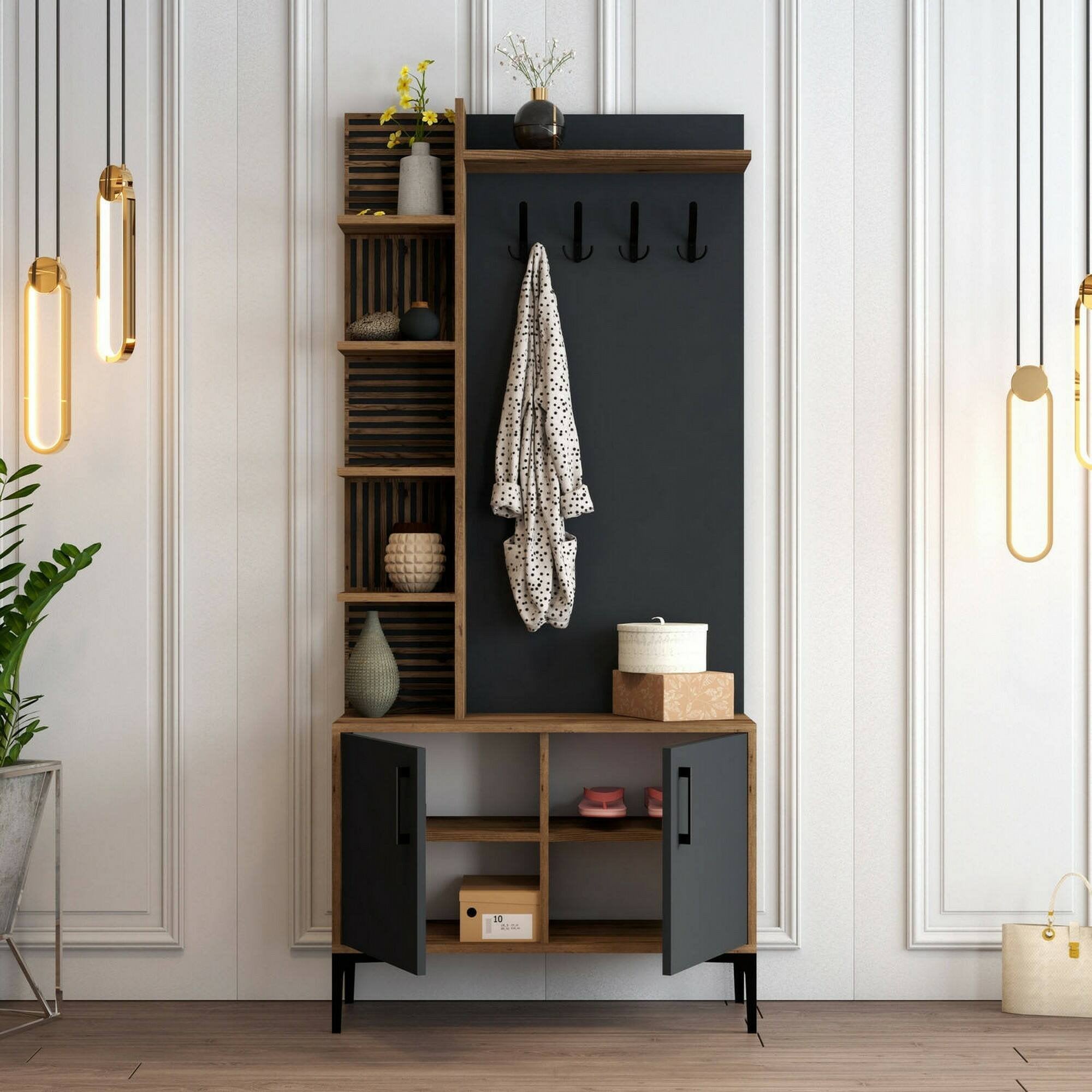 Mobile da ingresso Anja, Entratina appendiabiti, Composizione per atrio, Consolle portaoggetti multifunzione, 90x35h200 cm, Noce e Antracite