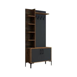 Mobile da ingresso Anja, Entratina appendiabiti, Composizione per atrio, Consolle portaoggetti multifunzione, 90x35h200 cm, Noce e Antracite