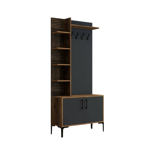 Mobile da ingresso Anja, Entratina appendiabiti, Composizione per atrio, Consolle portaoggetti multifunzione, 90x35h200 cm, Noce e Antracite