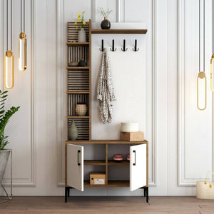 Mobile da ingresso Anja, Entratina appendiabiti, Composizione per atrio, Consolle portaoggetti multifunzione, 90x35h200 cm, Noce e Bianco