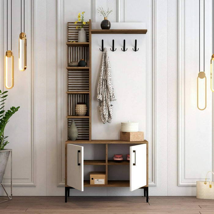 Mobile da ingresso Anja, Entratina appendiabiti, Composizione per atrio, Consolle portaoggetti multifunzione, 90x35h200 cm, Noce e Bianco