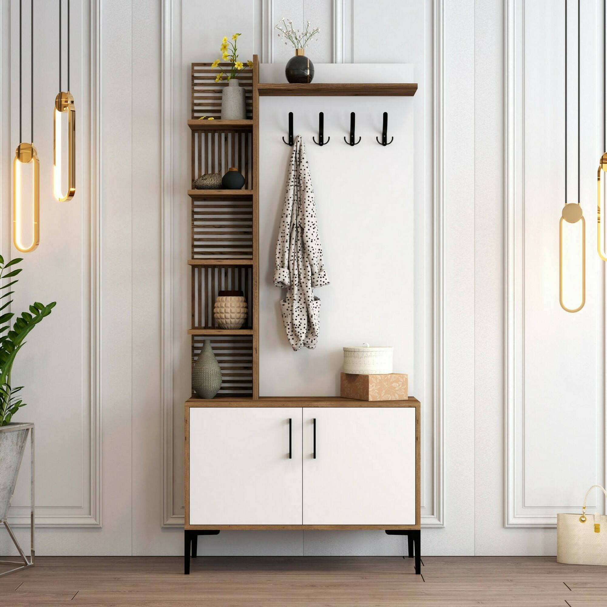 Mobile da ingresso Anja, Entratina appendiabiti, Composizione per atrio, Consolle portaoggetti multifunzione, 90x35h200 cm, Noce e Bianco
