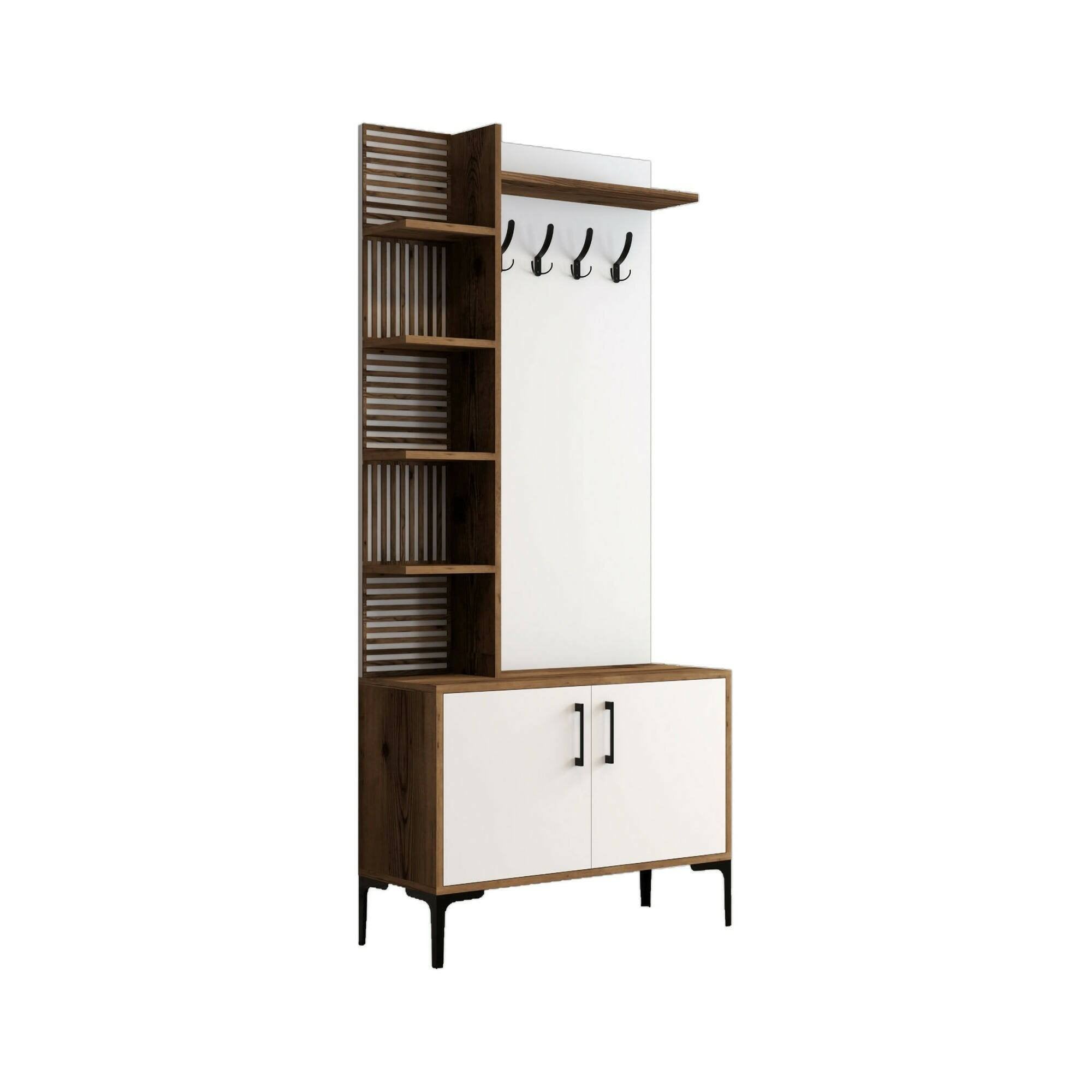 Mobile da ingresso Anja, Entratina appendiabiti, Composizione per atrio, Consolle portaoggetti multifunzione, 90x35h200 cm, Noce e Bianco
