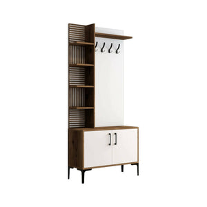 Mobile da ingresso Anja, Entratina appendiabiti, Composizione per atrio, Consolle portaoggetti multifunzione, 90x35h200 cm, Noce e Bianco
