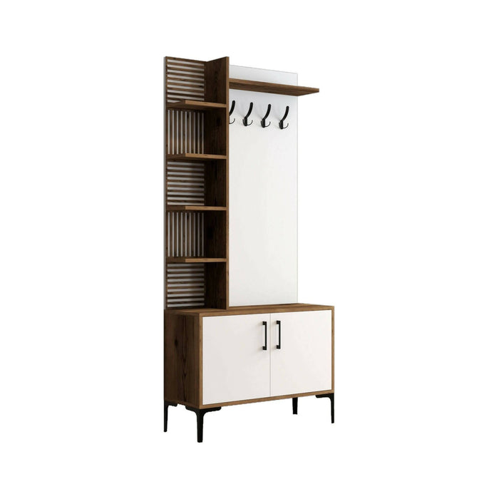 Mobile da ingresso Anja, Entratina appendiabiti, Composizione per atrio, Consolle portaoggetti multifunzione, 90x35h200 cm, Noce e Bianco
