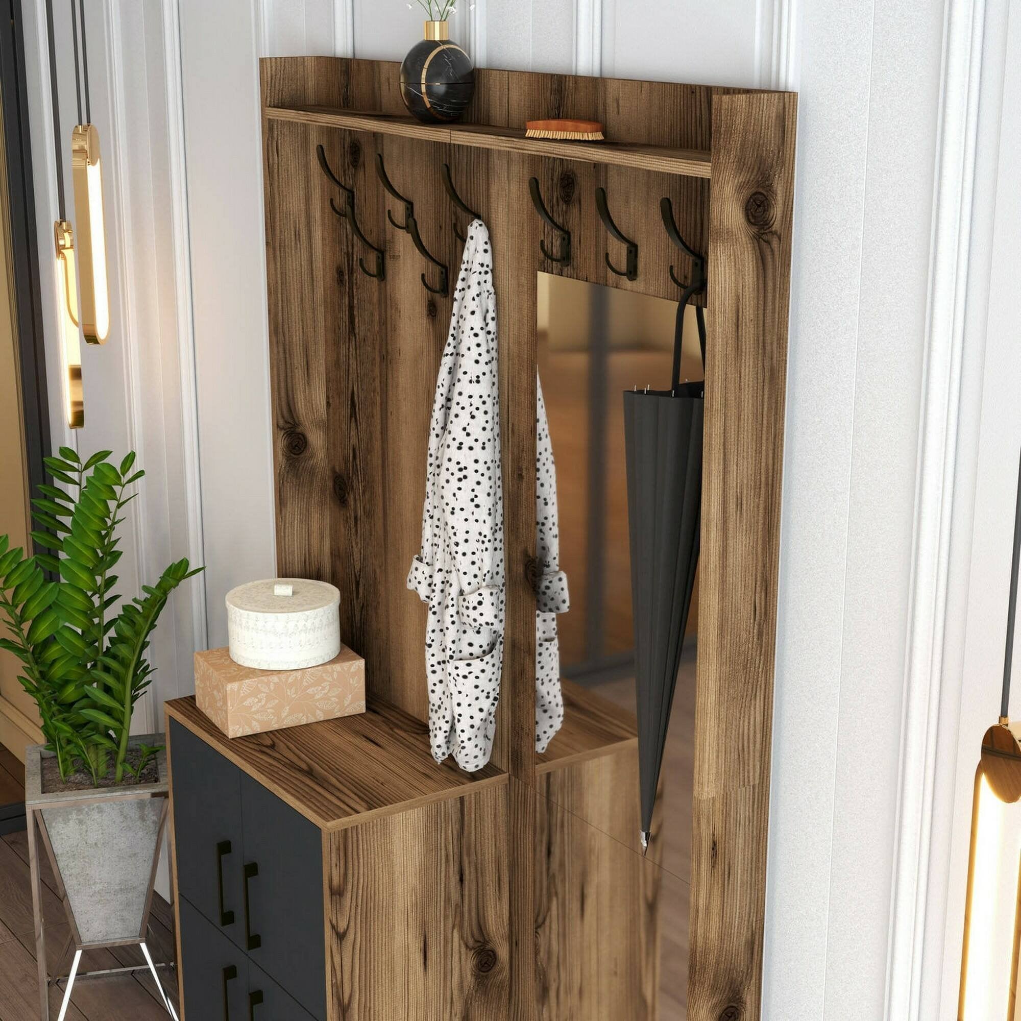 Mobile da ingresso Isidore, Entratina appendiabiti, Composizione per atrio, Consolle portaoggetti multifunzione, 120x35h200 cm, Noce e Antracite