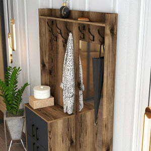 Mobile da ingresso Isidore, Entratina appendiabiti, Composizione per atrio, Consolle portaoggetti multifunzione, 120x35h200 cm, Noce e Antracite