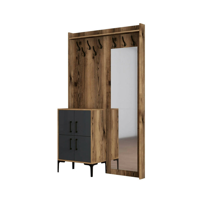 Mobile da ingresso Isidore, Entratina appendiabiti, Composizione per atrio, Consolle portaoggetti multifunzione, 120x35h200 cm, Noce e Antracite