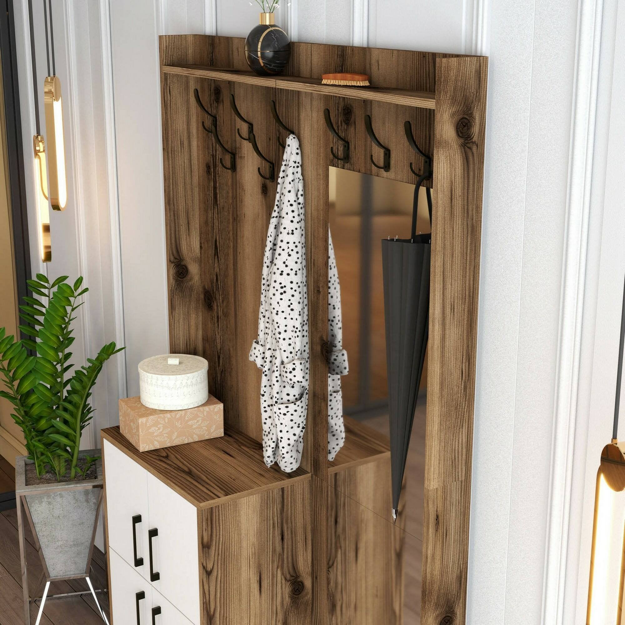 Mobile da ingresso Isidore, Entratina appendiabiti, Composizione per atrio, Consolle portaoggetti multifunzione, 120x35h200 cm, Noce e Bianco