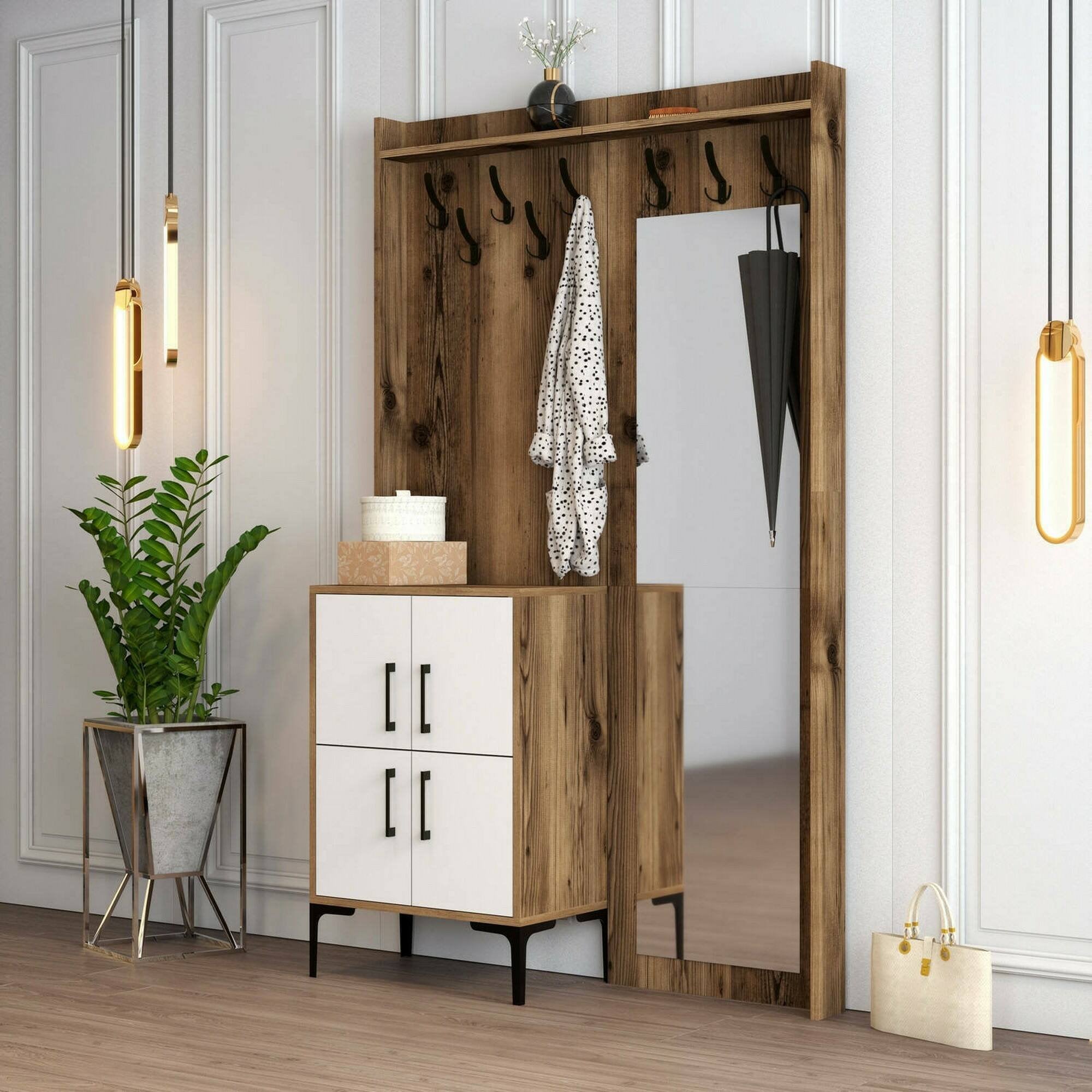 Mobile da ingresso Isidore, Entratina appendiabiti, Composizione per atrio, Consolle portaoggetti multifunzione, 120x35h200 cm, Noce e Bianco