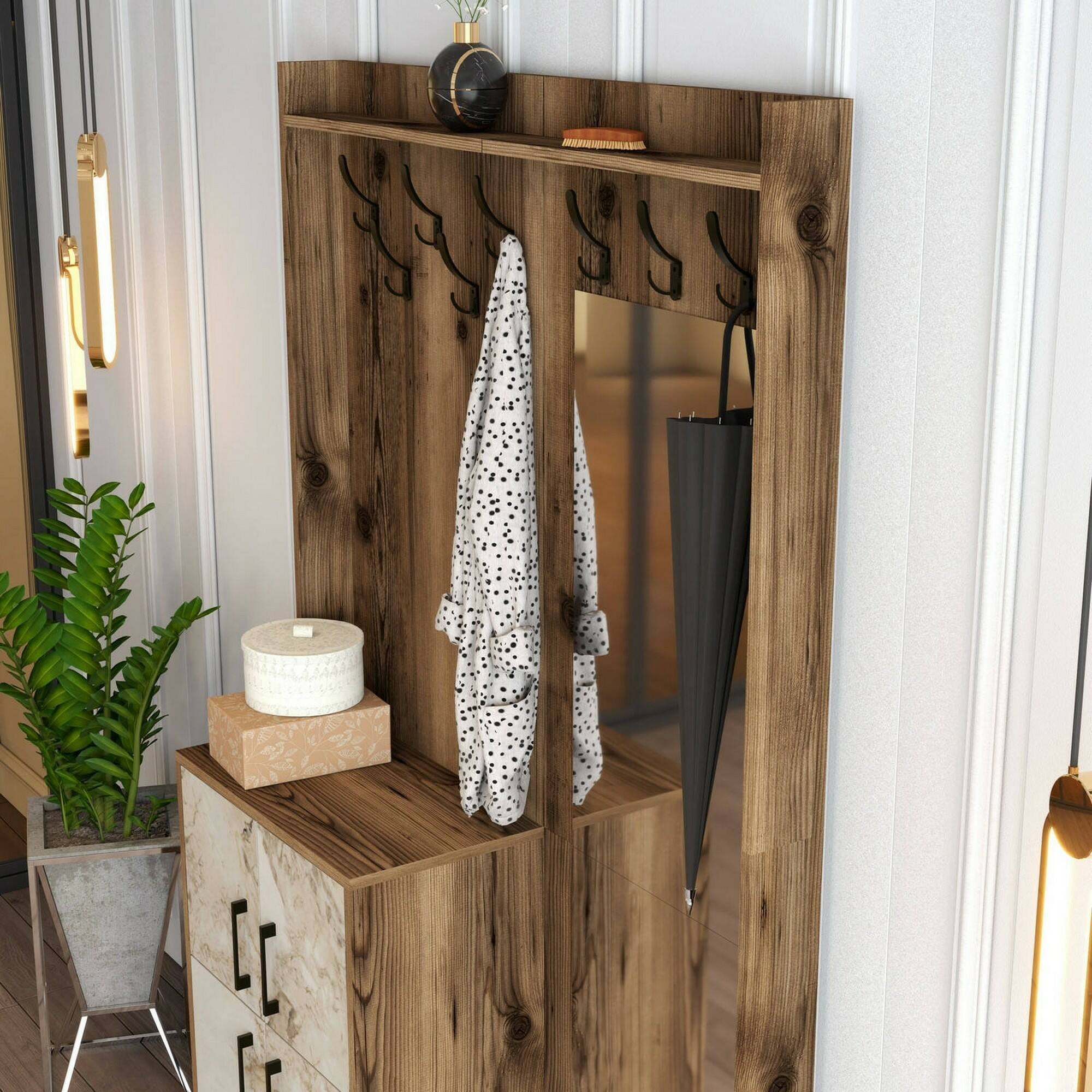Mobile da ingresso Isidore, Entratina appendiabiti, Composizione per atrio, Consolle portaoggetti multifunzione, 120x35h200 cm, Noce e Bianco