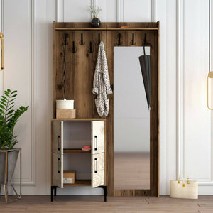 Mobile da ingresso Isidore, Entratina appendiabiti, Composizione per atrio, Consolle portaoggetti multifunzione, 120x35h200 cm, Noce e Bianco