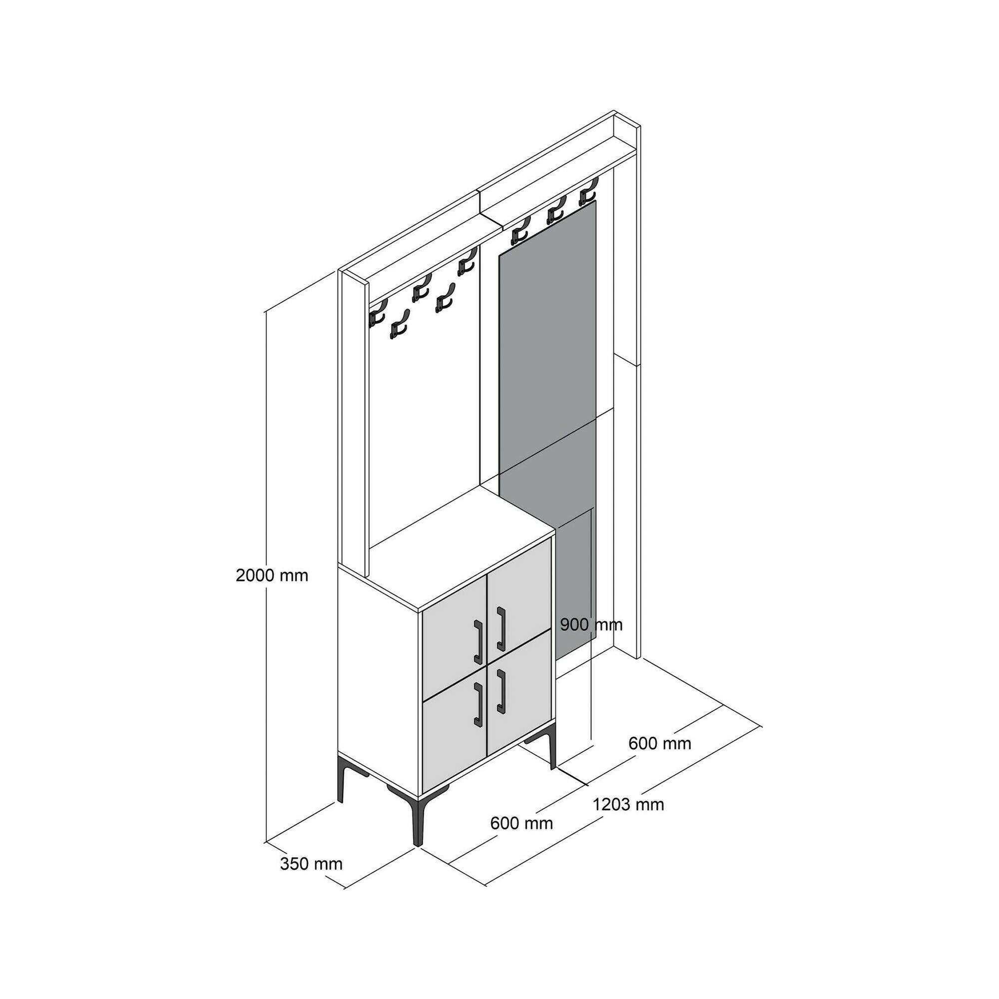 Mobile da ingresso Isidore, Entratina appendiabiti, Composizione per atrio, Consolle portaoggetti multifunzione, 120x35h200 cm, Noce e Bianco
