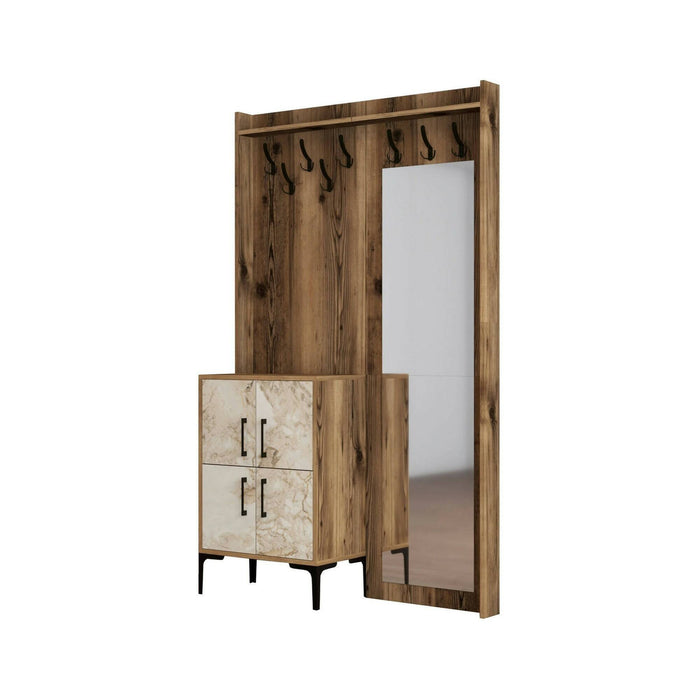 Mobile da ingresso Isidore, Entratina appendiabiti, Composizione per atrio, Consolle portaoggetti multifunzione, 120x35h200 cm, Noce e Bianco