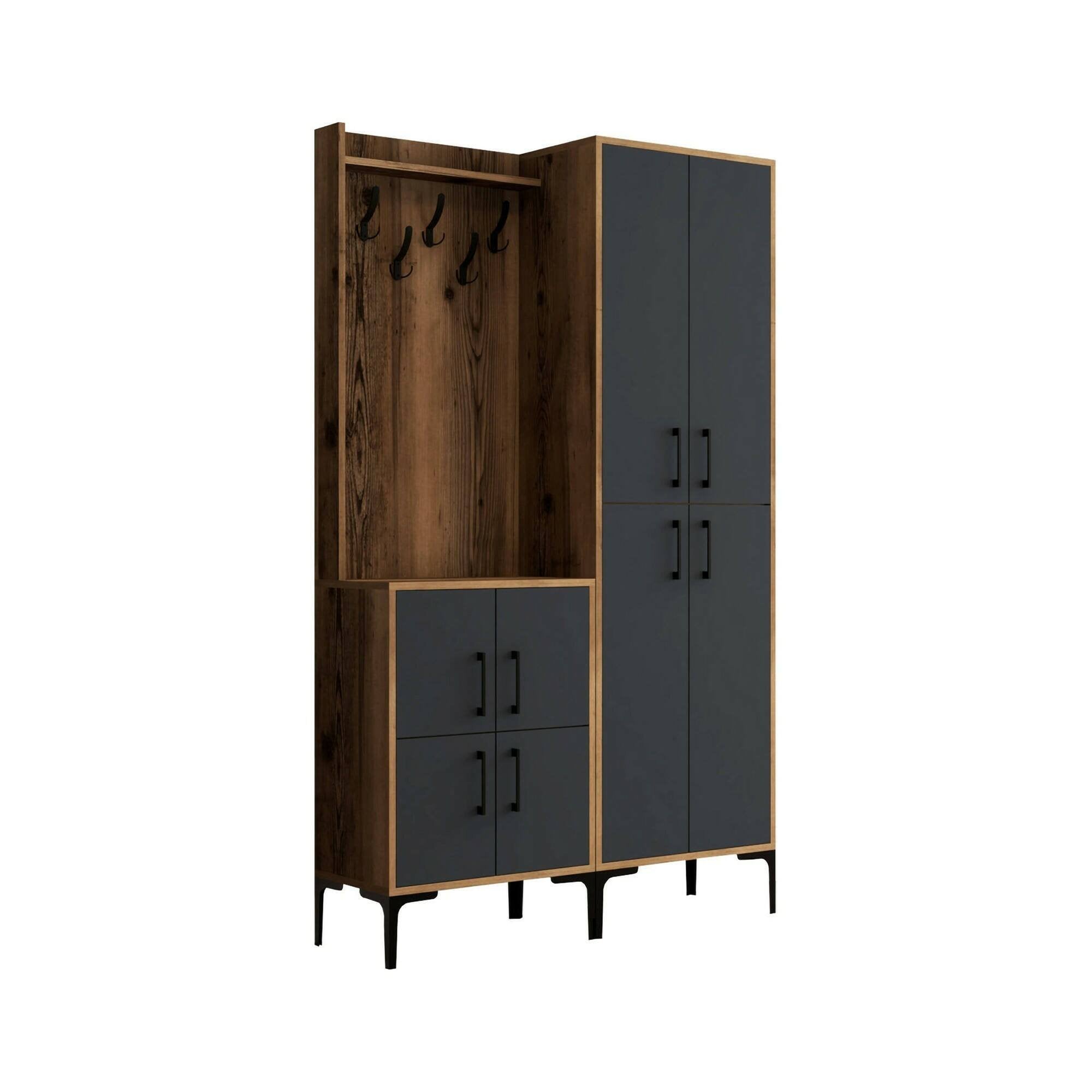 Mobile da ingresso Eufemia, Entratina appendiabiti, Composizione per atrio, Consolle portaoggetti multifunzione, 120x35h200 cm, Noce e Antracite