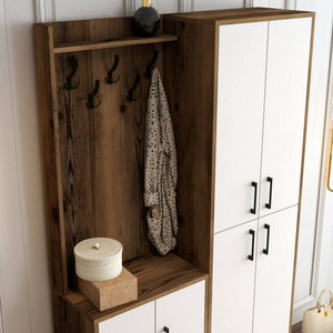 Mobile da ingresso Eufemia, Entratina appendiabiti, Composizione per atrio, Consolle portaoggetti multifunzione, 120x35h200 cm, Noce e Bianco