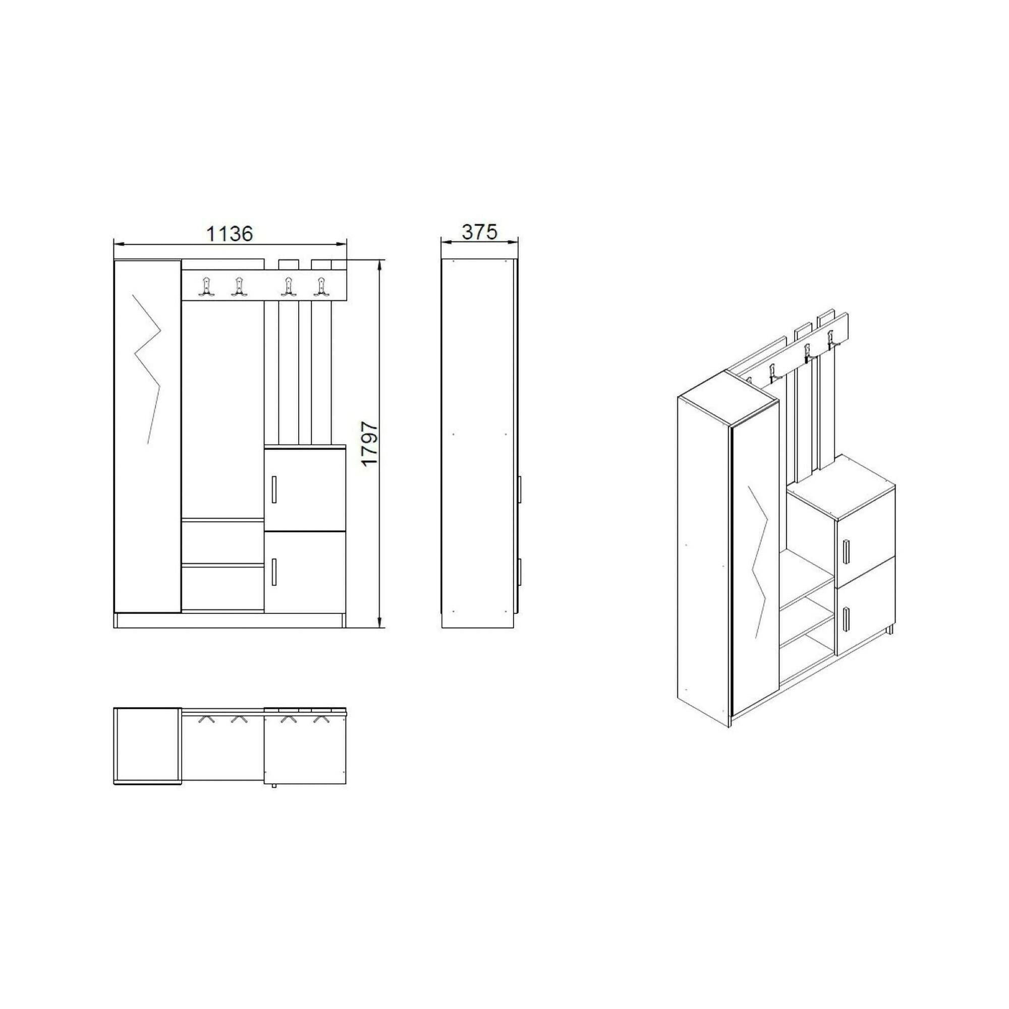 Mobile da ingresso Arco, Entratina appendiabiti, Composizione per atrio, Consolle portaoggetti multifunzione, 114x38h180 cm, Quercia e Antracite