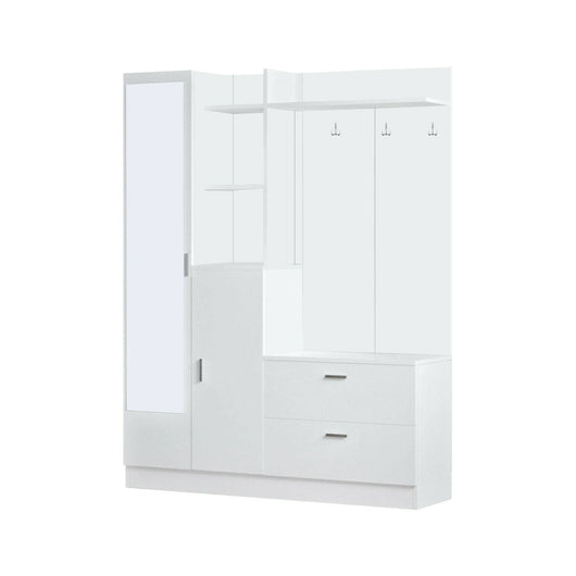 Mobile da ingresso Anumali, Entratina appendiabiti, Composizione per atrio, Consolle portaoggetti multifunzione, 140x37h182 cm, Bianco