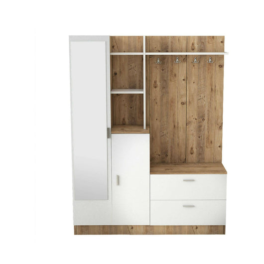 Mobile da ingresso Anumali, Entratina appendiabiti, Composizione per atrio, Consolle portaoggetti multifunzione, 140x37h182 cm, Quercia e Bianco