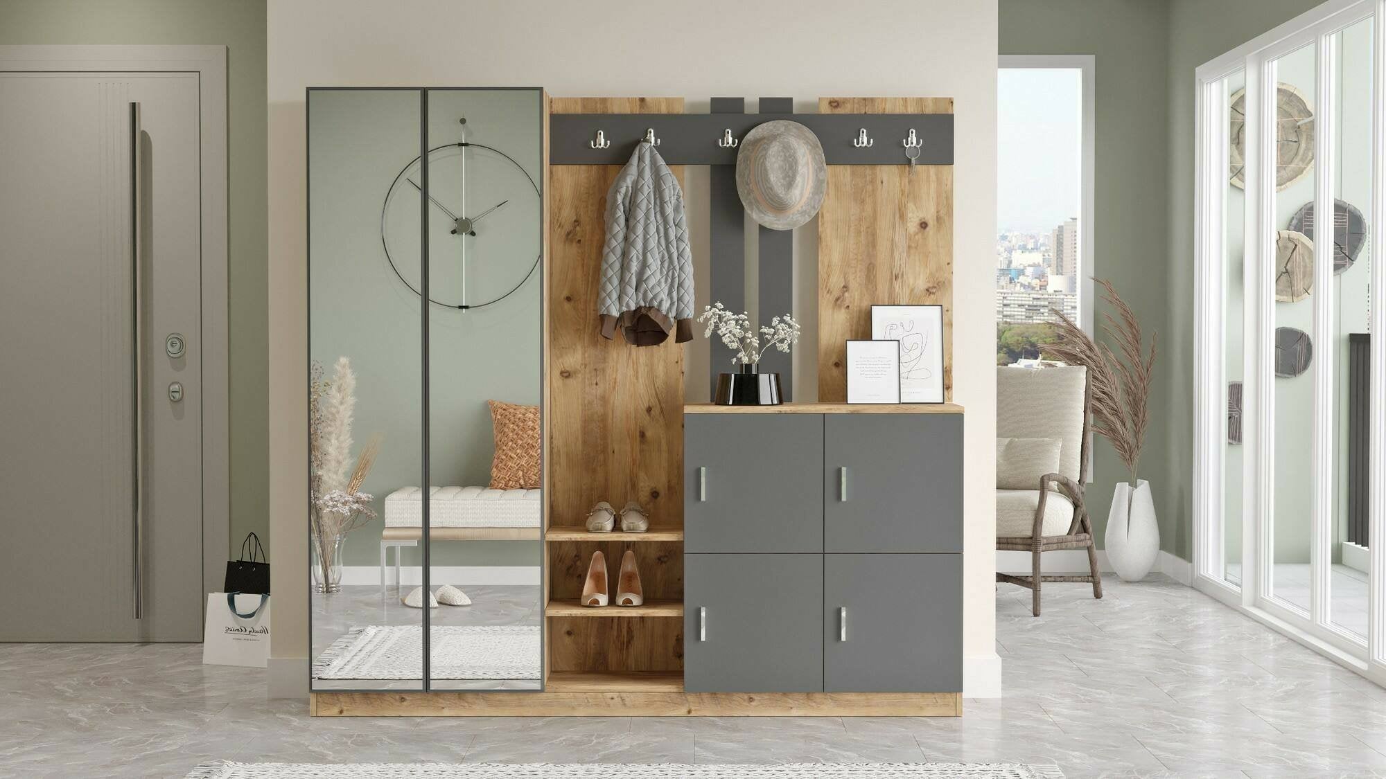 Mobile da ingresso Artin, Entratina appendiabiti, Composizione per atrio, Consolle portaoggetti multifunzione, 187x38h180 cm, Quercia e Antracite