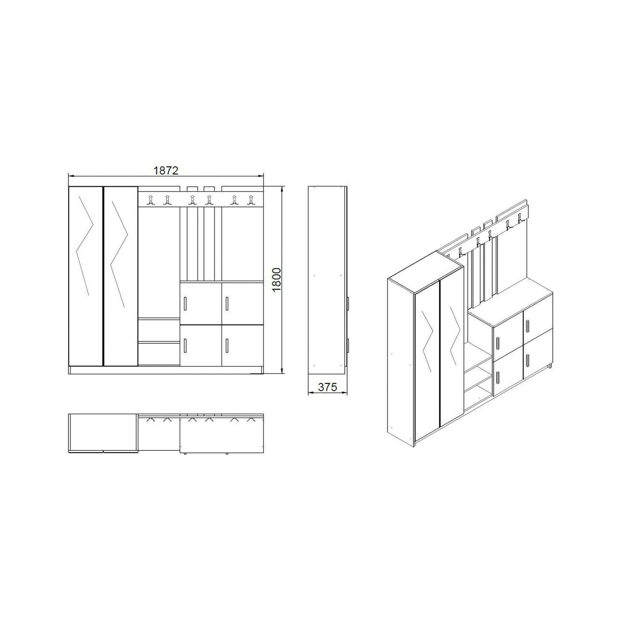Mobile da ingresso Artin, Entratina appendiabiti, Composizione per atrio, Consolle portaoggetti multifunzione, 187x38h180 cm, Quercia e Antracite