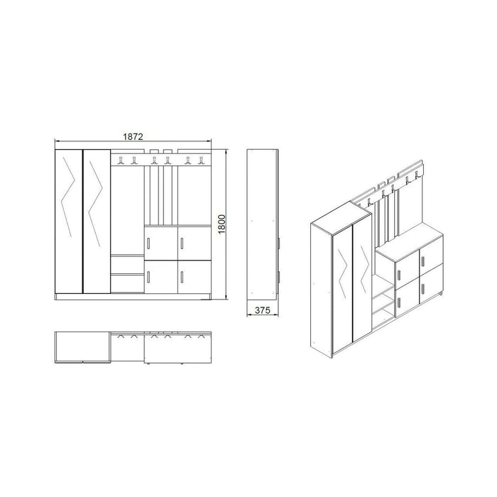 Mobile da ingresso Artin, Entratina appendiabiti, Composizione per atrio, Consolle portaoggetti multifunzione, 187x38h180 cm, Quercia e Antracite