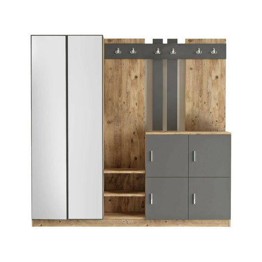 Mobile da ingresso Artin, Entratina appendiabiti, Composizione per atrio, Consolle portaoggetti multifunzione, 187x38h180 cm, Quercia e Antracite