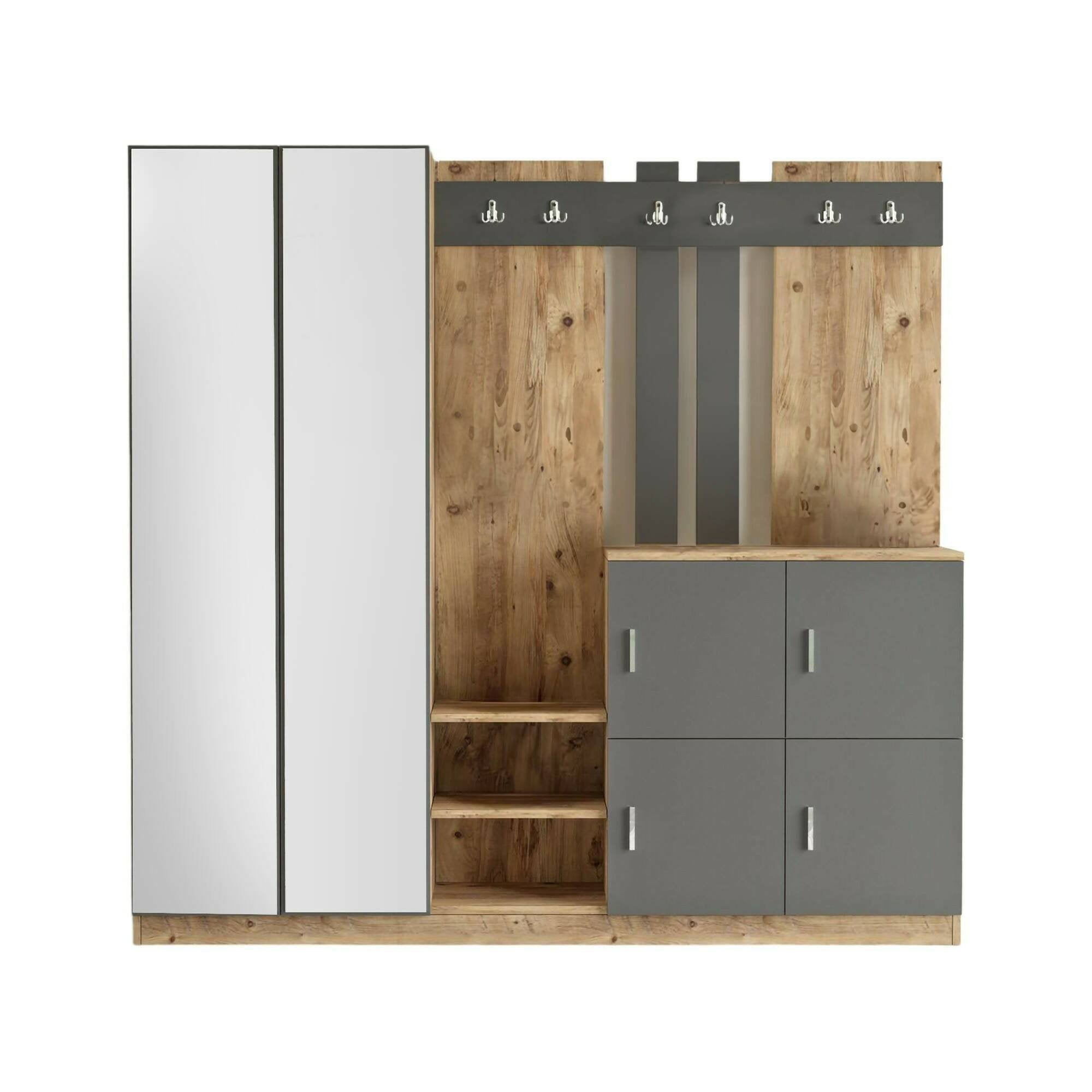 Mobile da ingresso Artin, Entratina appendiabiti, Composizione per atrio, Consolle portaoggetti multifunzione, 187x38h180 cm, Quercia e Antracite