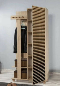 Mobile da ingresso Savina, Entratina appendiabiti, Composizione per atrio, Consolle portaoggetti multifunzione, 90x36h194 cm, Quercia